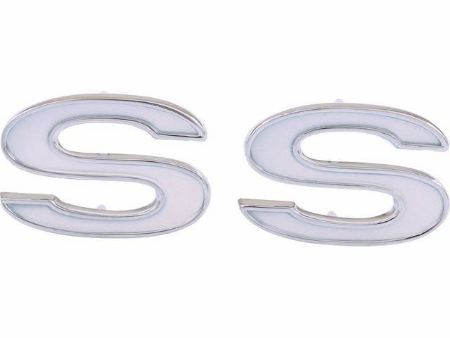 Emblem, Front Fender, *SS*, chrome plated die-cast metal w/ white painted recess, Good Quality Repro  ** See C-8147-114AA for best OE Correct Repro **