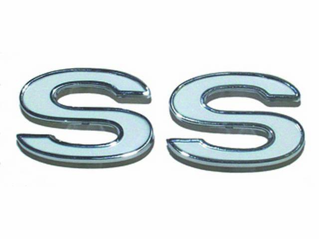Emblem, Front Fender, *SS*, chrome plated die-cast metal w/ white painted recess, US-made OE Correct Repro  ** See C-8147-114A for good quality repro **