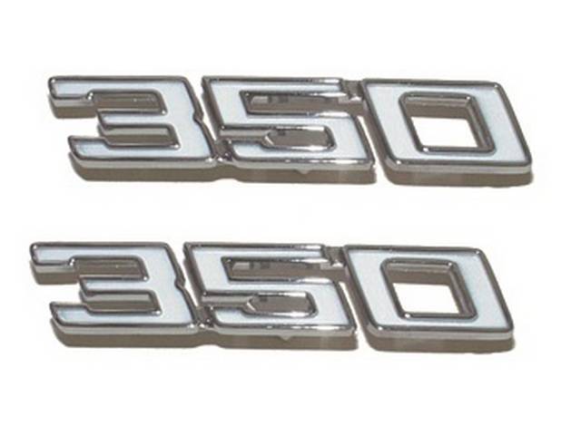 EMBLEM SET, Front Fender, *350*, chrome plated die-cast metal w/ white painted recess, US-made OE Correct Repro