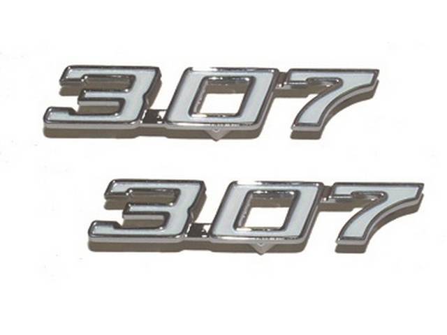 EMBLEM SET, Front Fender, *307*, chrome plated die-cast metal w/ white painted recess, US-made OE Correct Repro