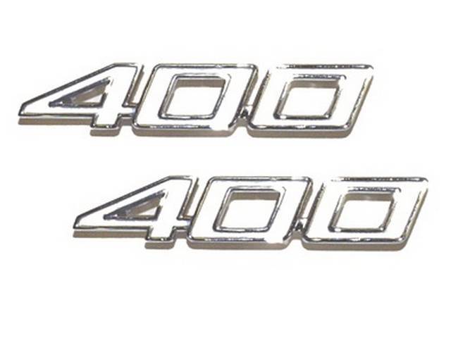 EMBLEM SET, Front Fender, *400*, chrome plated die-cast metal w/ white painted recess, US-made OE Correct Repro