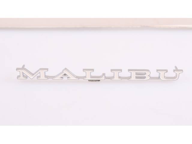 "Malibu" Front Fender emblem set, chrome plated die-cast metal with white painted recess