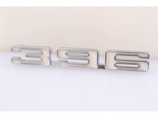 Emblem, Front Fender, *396*, RH, chrome plated die-cast metal w/ white painted recess, Repro