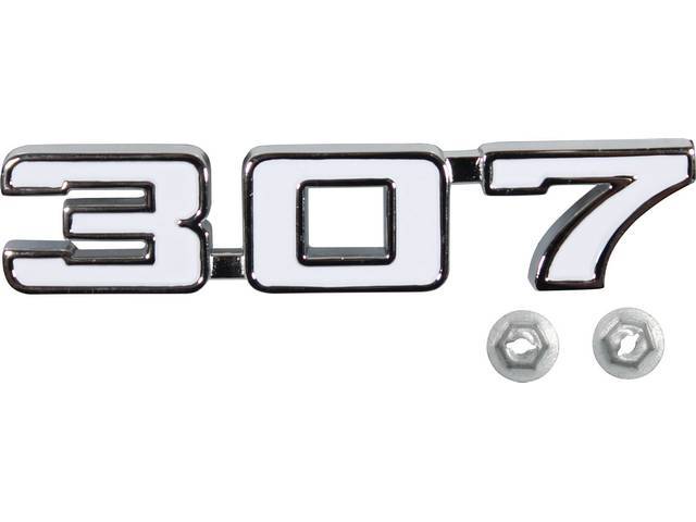 EMBLEM, Front Fender, *307*, chrome plated die-cast metal w/ white painted recess, Repro
