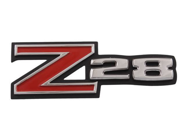 EMBLEM, Front Fender, *Z/28*, new tooling w/ correct red paint and chrome, incl attaching hardware, original GM p/n 3981956, GM Restoration Parts repro