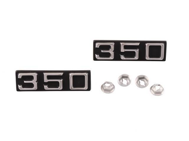 EMBLEM SET, Front Fender, *350*, chrome plated raised numbers on a black background, OE Correct US-Made Repro