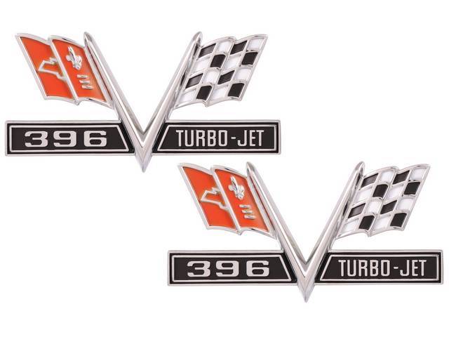 EMBLEM SET, Front Fender, *396 TurboJet Cross Flags*, Correct red and white paint, OE Correct US-Made, Best Repro