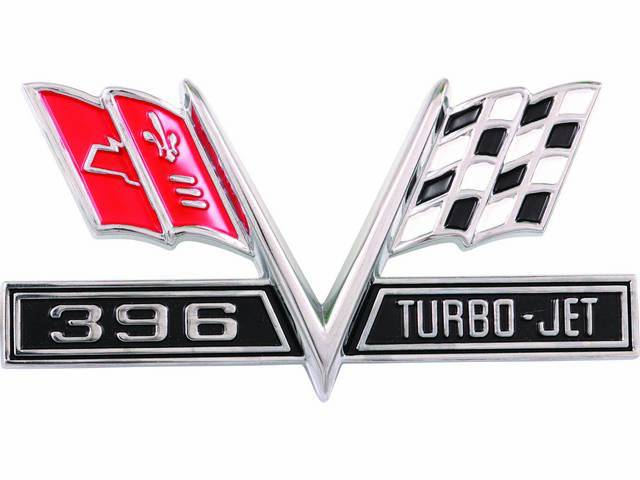 EMBLEM, Front Fender, *396 TurboJet Cross Flags*, has darker red and white paint when compared to original GM emblems, Good Repro