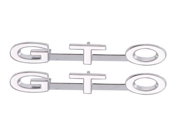 EMBLEM / PLATE SET, Fender, *GTO*, chrome *GTO* letters w/ white painted recesses mounted on a chrome horizontal bar, Repro