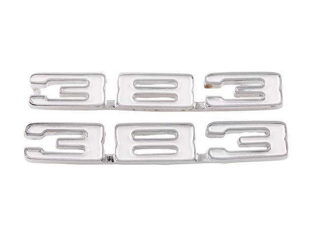 *383* Front Fender Emblem Set, chrome plated die-cast metal w/ white painted recess, reproduction 