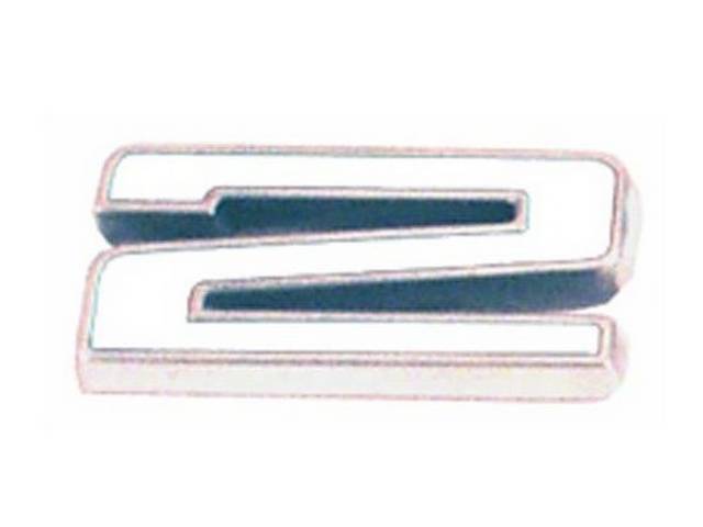 Emblem, Fender / Hood, *2*, 5/8 inch tall x 1 3/8 inch wide, chrome plated die-cast metal w/ white painted recess, double side tape attachment