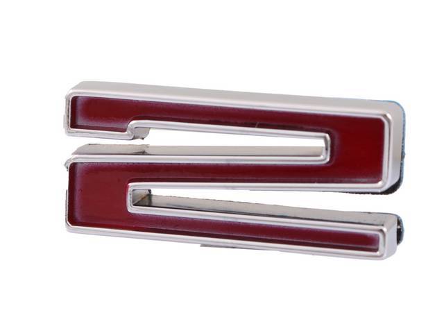 Emblem, Fender / Hood, *2*, 5/8 inch tall x 1 3/8 inch wide, chrome plated die-cast metal w/ red painted recess, double side tape attachment