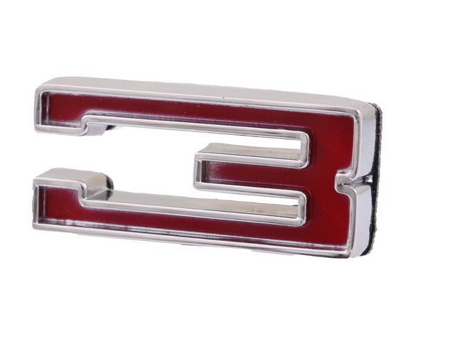 Emblem, Fender / Hood, *3*, 5/8 inch tall x 1 3/8 inch wide, chrome plated die-cast metal w/ red painted recess, double side tape attachment