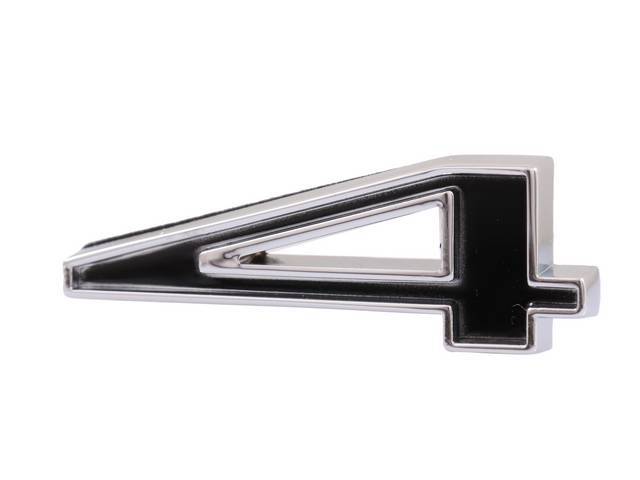 Emblem, Fender / Hood, *4*, 5/8 inch tall x 1 3/8 inch wide, chrome plated die-cast metal w/ black painted recess, double side tape attachment