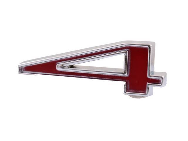 Emblem, Fender / Hood, *4*, 5/8 inch tall x 1 3/8 inch wide, chrome plated die-cast metal w/ red painted recess, double side tape attachment