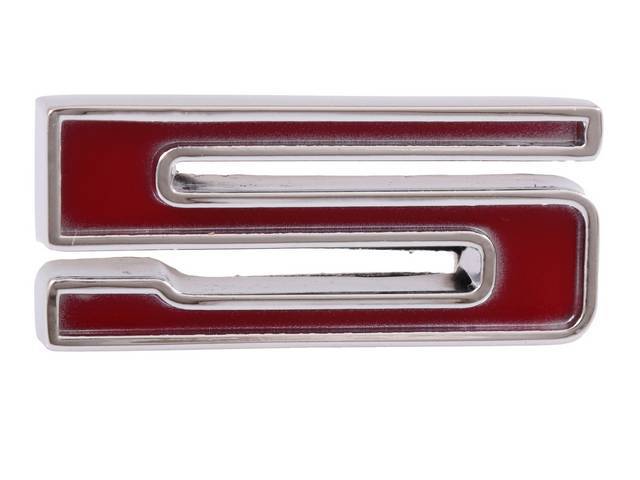Emblem, Fender / Hood, *5*, 5/8 inch tall x 1 3/8 inch wide, chrome plated die-cast metal w/ red painted recess, double side tape attachment