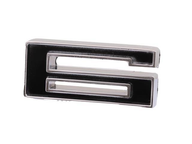 Emblem, Fender / Hood, *6*, 5/8 inch tall x 1 3/8 inch wide, chrome plated die-cast metal w/ black painted recess, double side tape attachment
