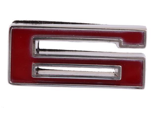 Emblem, Fender / Hood, *6*, 5/8 inch tall x 1 3/8 inch wide, chrome plated die-cast metal w/ red painted recess, double side tape attachment