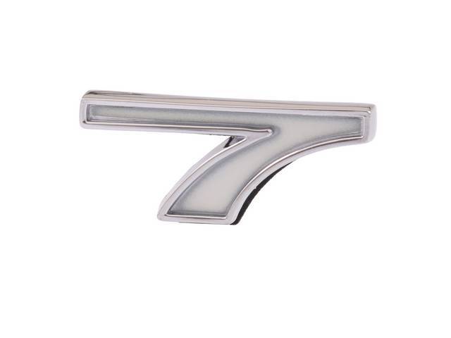 Emblem, Fender / Hood, *7*, 5/8 inch tall x 1 3/8 inch wide, chrome plated die-cast metal w/ white painted recess, double side tape attachment