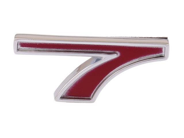 Emblem, Fender / Hood, *7*, 5/8 inch tall x 1 3/8 inch wide, chrome plated die-cast metal w/ red painted recess, double side tape attachment