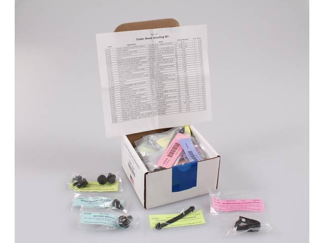 DETAILING KIT, Underhood, (157) incl fasteners, clips and straps to attach common items in engine bay, Concours Correct Repro