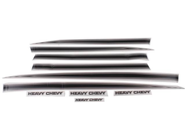 STRIPE AND DECAL KIT, *Heavy Chevy*, Black, (10) includes 2 fender stripes, 2 door stripes, 2 quarter panel stripes, *Heavy Chevy* decals for hood, fender and trunk decals, squeegee and instructions, repro