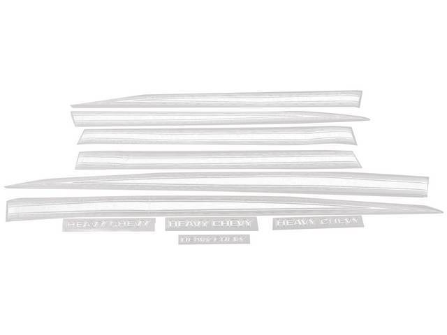 STRIPE AND DECAL KIT, *Heavy Chevy*, White, (10) includes 2 fender stripes, 2 door stripes, 2 quarter panel stripes, *Heavy Chevy* decals for hood, fender and trunk decals, squeegee and instructions, repro