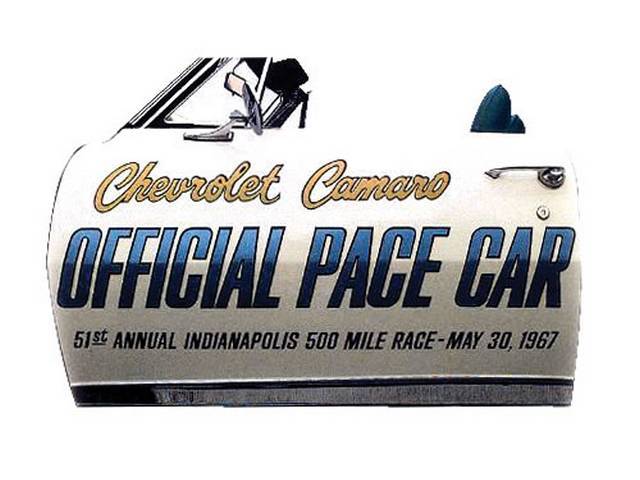 DOOR DECAL KIT, Indy Pace Car, Incl 2 *Chevrolet Camaro* decals, 2 *Official Pace Car* w/ event and date decals, squeegee and instructions, Repro