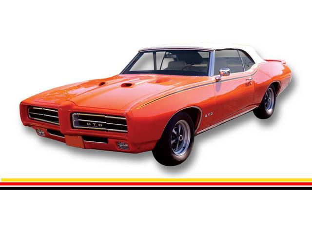STRIPE KIT, GTO / GTO Judge, Yellow / Red / Black, incl fender, door and quarter panel stripes, squeegee and instructions, repro