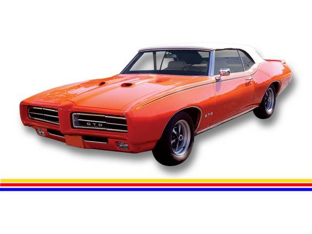 STRIPE KIT, GTO / GTO Judge, Yellow / Red / Blue, incl fender, door and quarter panel stripes, squeegee and instructions, repro