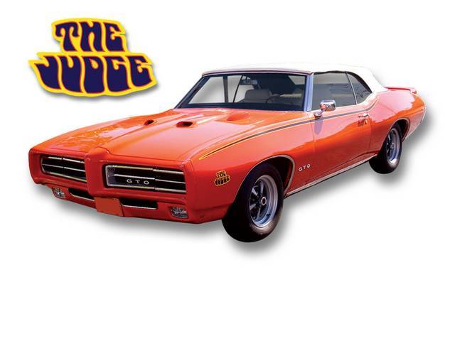 STRIPE KIT, GTO Judge, Yellow / Red / Blue, incl fender, door and quarter panel stripes, 3 *THE JUDGE* name decals, squeegee and instructions, repro