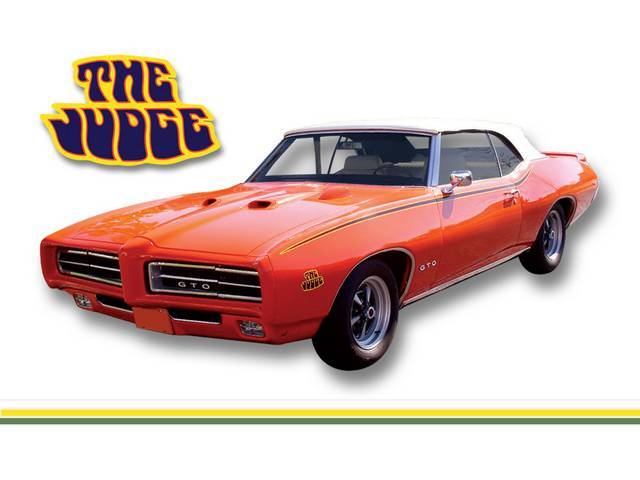 STRIPE KIT, GTO Judge, White / Yellow / Olive Green, incl fender, door and quarter panel stripes, 3 *THE JUDGE* name decals, squeegee and instructions, repro