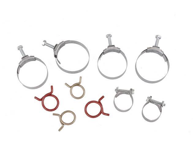 CLAMP KIT, Engine Hoses, (10) incl OE tower style clamps for radiator, OE wire spring style clamps for heater and OE side screw clamps for water pump bypass