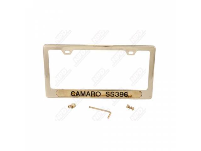 FRAME, License Plate, gold frame w/ *Camaro SS396* etched in black lettering on the bottom, incl attaching hardware