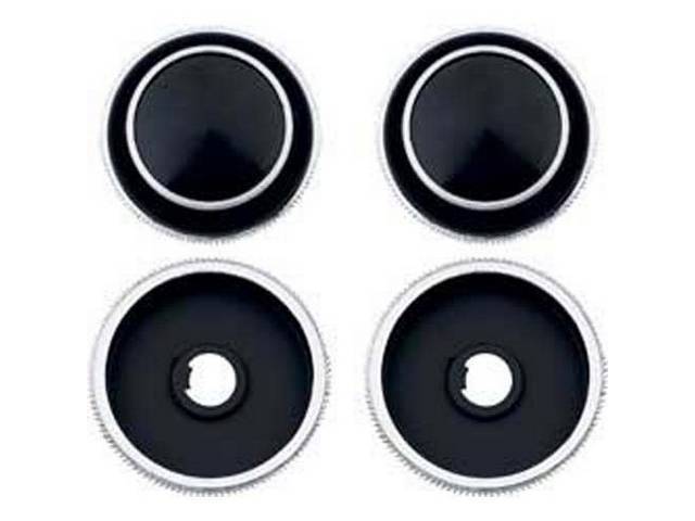 BEZEL AND KNOB SET, Radio, Inner and Outer, Volume and Tuning, black w/ chrome trim, (4), OE Style Repro