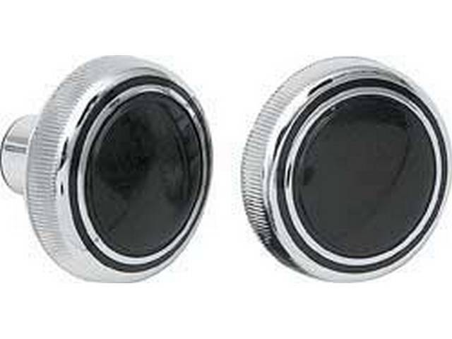 Radio Knob Set, Volume and Tuning, Chrome edging w/ black inserts as OE, (2), reproduction