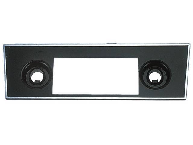 BEZEL, Radio Trim, Black w/ chrome Trim, for use w/ aftermarket small nose radios (Kenwood, JVC and Sanyo), 4 1/8 inch width x 1 3/4 inch height center opening