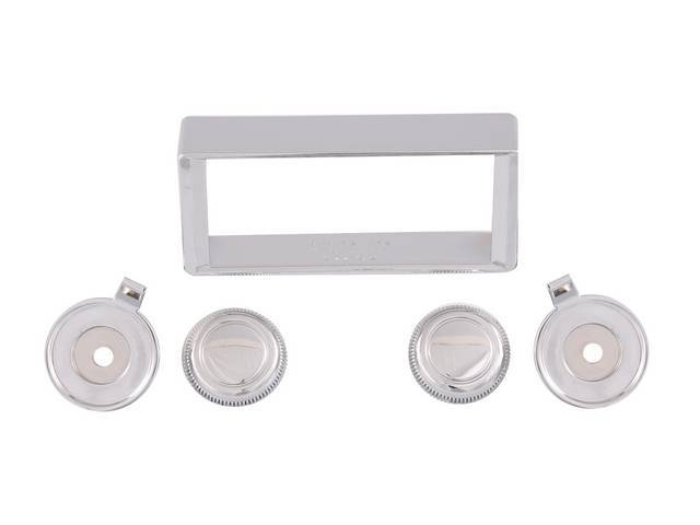 BEZEL AND KNOB KIT, Radio Trim, for use w/ RetroSound radios, incl chrome face plate, chrome knobs and chrome spacers, repro  ** This kit fits Retrosound p/n 18000-1C, -1CA, -1CB, -1CC, -1D, -1F and -1FA radios **