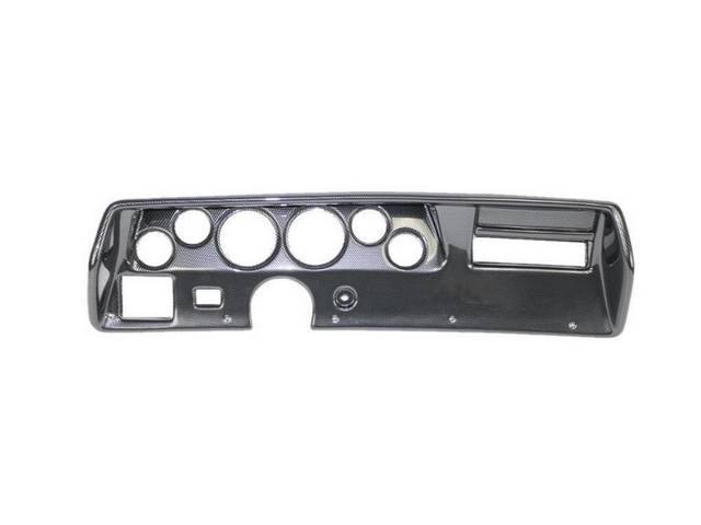 HOUSING, Instrument Carrier, custom gauge panel overlay w/ carbon fiber face, mounts in stock location over existing dash (NPD p/n C-9743-130AC), features six gauge openings - mounts two 3 3/8 inch gauges (common size for speedometer and tachometer) and f