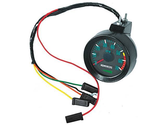 TACHOMETER, 7000 rpm range w/ 5500 redline, mounts to the left side of the dash, incl left hand turn signal and pigtail assy, ready to install, replaces GM p/n 6468499, repro