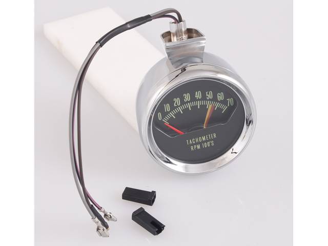 TACHOMETER, *KNEEKNOCKER*, 7000 rpm range w/ 5600 redline, Incl Chrome Housing and Wiring, Does Not Incl Hardware or Reinforcement Plate, Repro