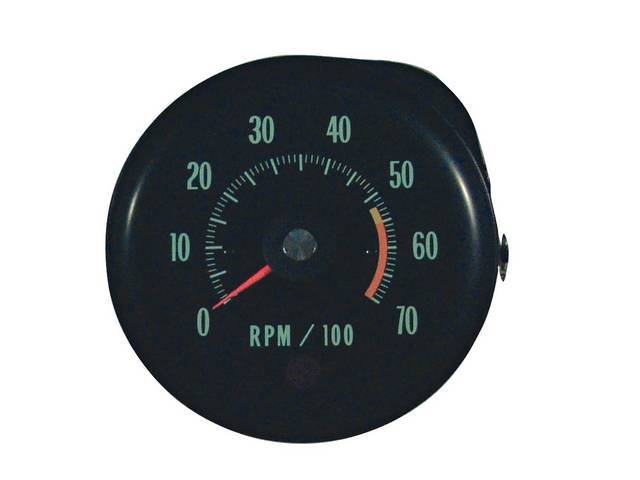 TACHOMETER, In-Dash, 3 round hole / SS gauge layout, 7000 rpm range w/ 5500 redline, Green Markings, Repro