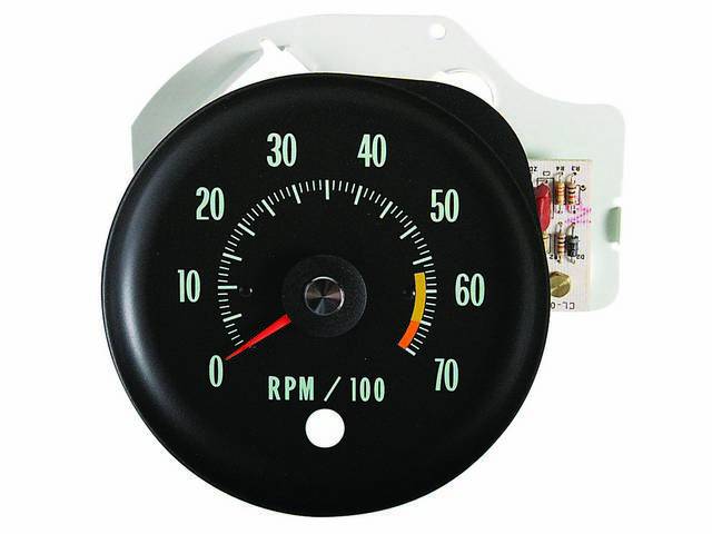 TACHOMETER, In-Dash, 3 round hole / SS gauge layout, 7000 rpm range w/ 6500 redline, Green Markings, Repro  ** designed for points distributors, for use w/ H.E.I. or modern distributors, must use MSD p/n 8920 adapter **