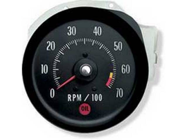 TACHOMETER, In-Dash, 3 round hole / SS gauge layout, 7000 rpm range w/ 6500 redline, White Markings, Repro