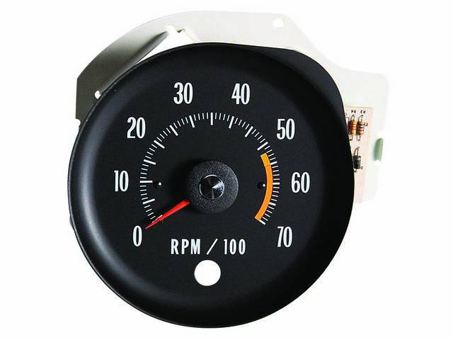 TACHOMETER, In-Dash, 3 round hole / SS gauge layout, 7000 rpm range w/ 5500 redline, White Markings, Repro  ** designed for points distributors, for use w/ H.E.I. or modern distributors, must use MSD p/n 8920 adapter **