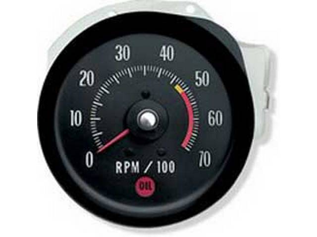TACHOMETER, In-Dash, 3 round hole / SS gauge layout, 7000 rpm range w/ 5000 redline, White Markings, Repro