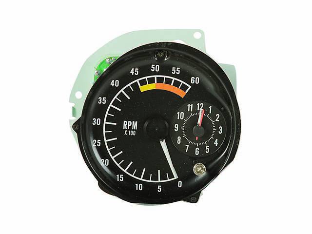 TACHOMETER, W/ Clock to right side of Tachometer, 6000 rpm range w/ 5000 redline, Repro