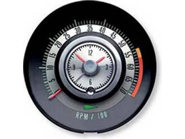 TACHOMETER, Tic-Toc W/ Clock in Center of Tachometer, 7000 rpm range w/ 5500 redline, Repro