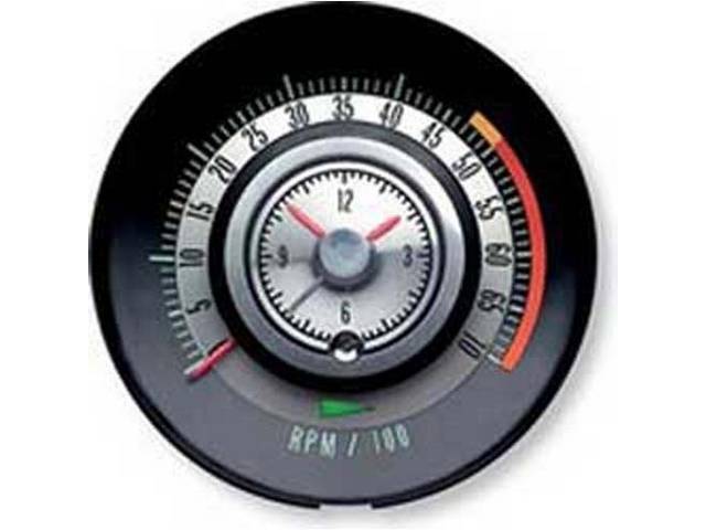 TACHOMETER, Tic-Toc W/ Clock in Center of Tachometer, 7000 rpm range w/ 5000 redline, Repro