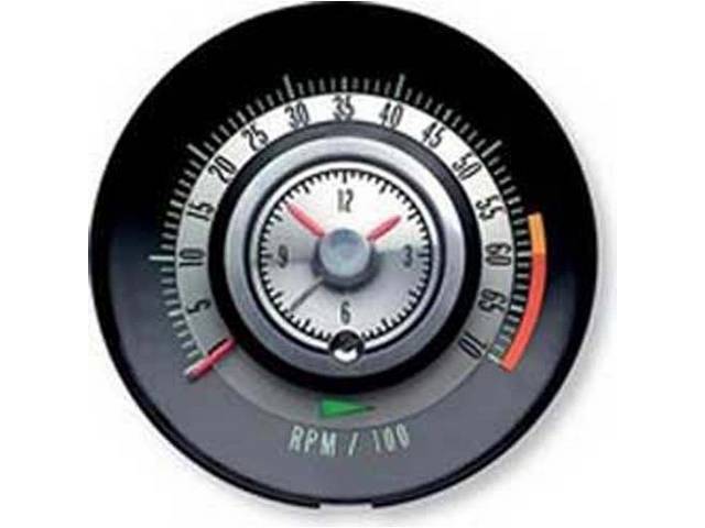 TACHOMETER, Tic-Toc W/ Clock in Center of Tachometer, 7000 rpm range w/ 6000 redline, Repro